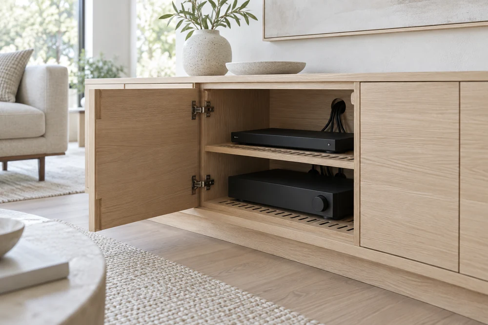 Compact AV components accessible behind an open door in a low oak living-room credenza.