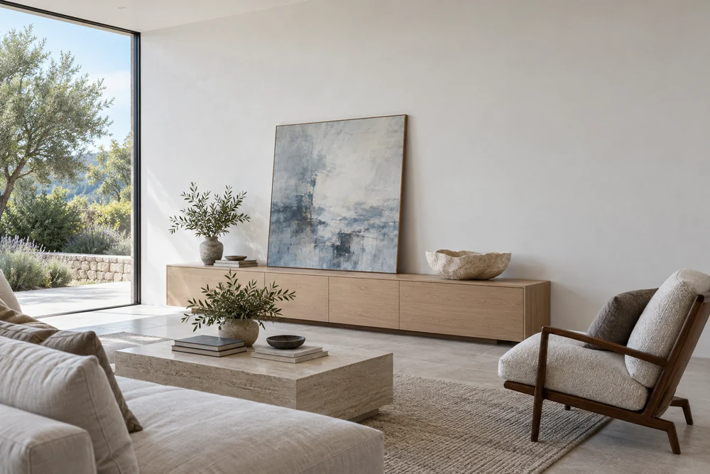 A refined living room with uninterrupted plaster walls, pale oak furniture and fully concealed technology.