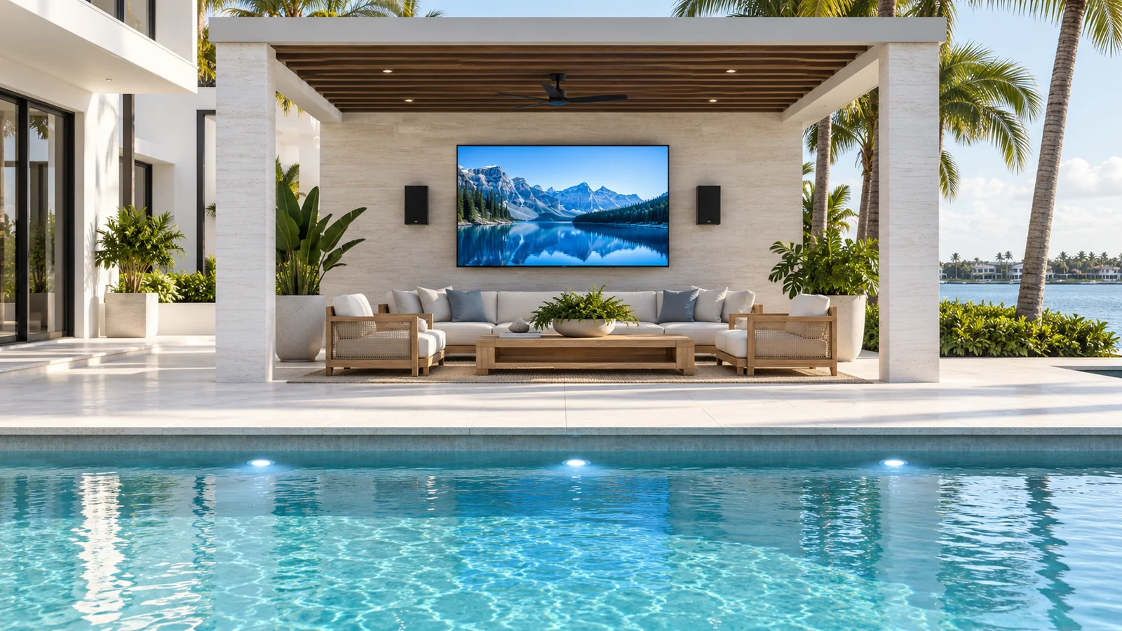 Poolside terrace with outdoor television and speakers