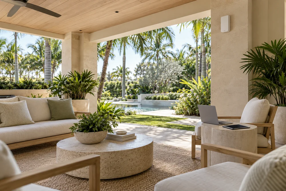 Covered terrace with a compact wall-mounted Wi-Fi access point, laptop and tablet.